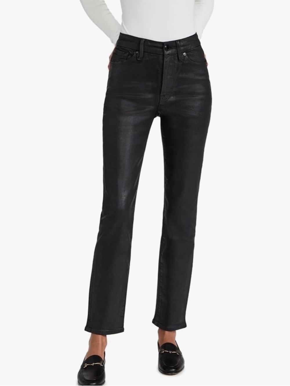 Good American GS001T Black Coated Straight Leg Jeans Size 2 Edgy Chic Biker